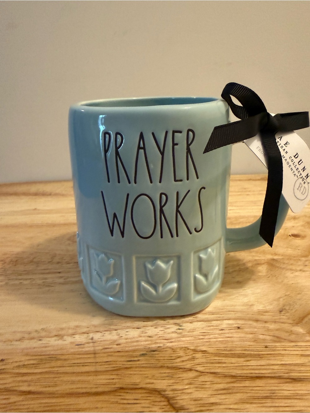 Rae Dunn Light Blue "Prayer Works" Ceramic Mug